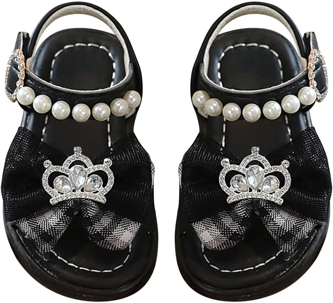 Adjusted Strap Pearl Sandals for Toddler Girls Bow Canvas Rubber Sole Wide Water Shoes Baby Infant Summer Non Slip