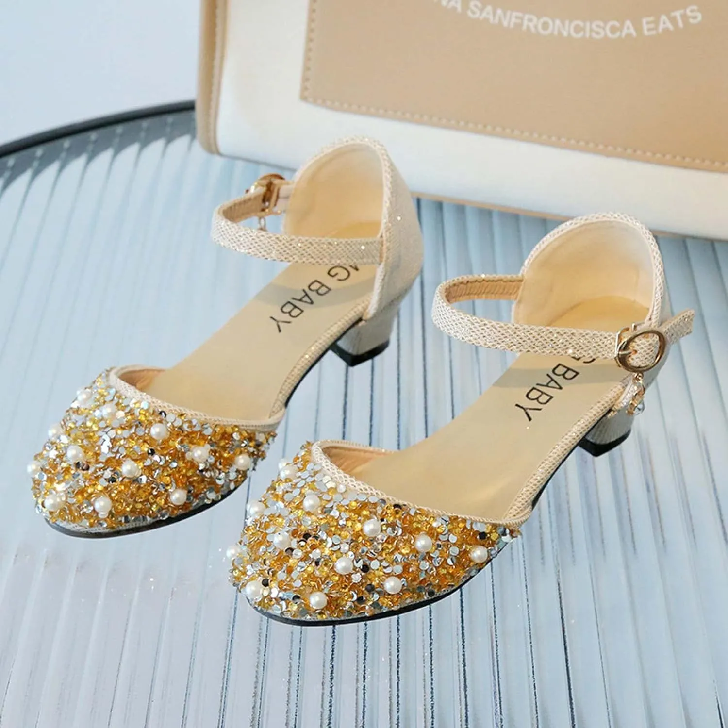 Baby Girl Rhinestone Embellished Shoe Solid Color Faux PU Princess Sandals Hook and Loop Shoes Soft Sole Low Heel