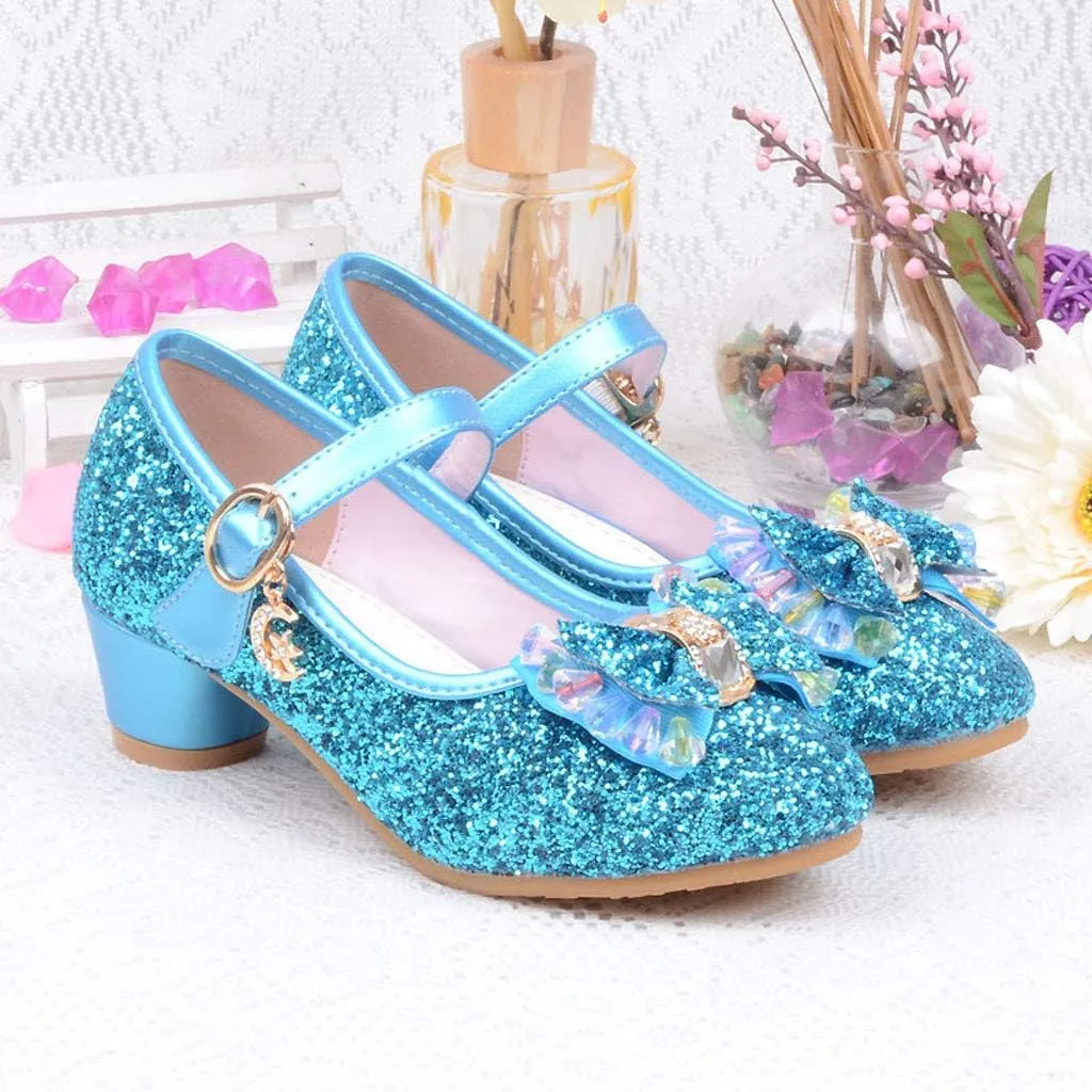 Baby Girl Sequin Bowknot Embellished Shoe Hook and Loop Splicing Metal Chain Sandal Thick Low Heel Princess Shoes