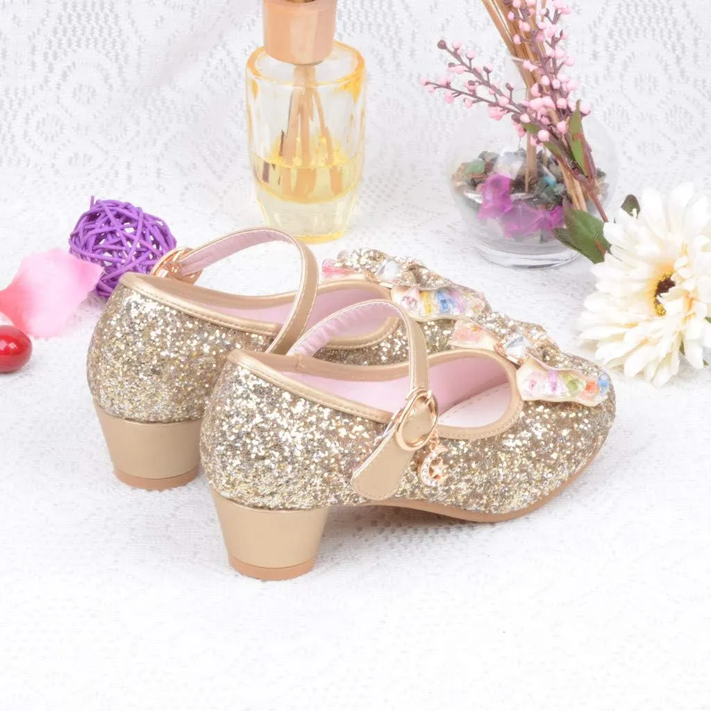 Baby Girl Sequin Bowknot Embellished Shoe Hook and Loop Splicing Metal Chain Sandal Thick Low Heel Princess Shoes