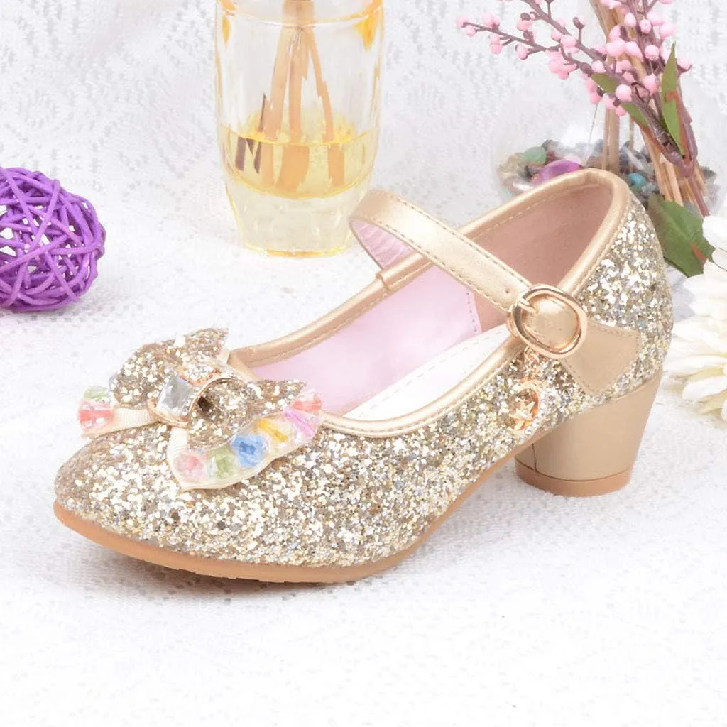 Baby Girl Sequin Bowknot Embellished Shoe Hook and Loop Splicing Metal Chain Sandal Thick Low Heel Princess Shoes
