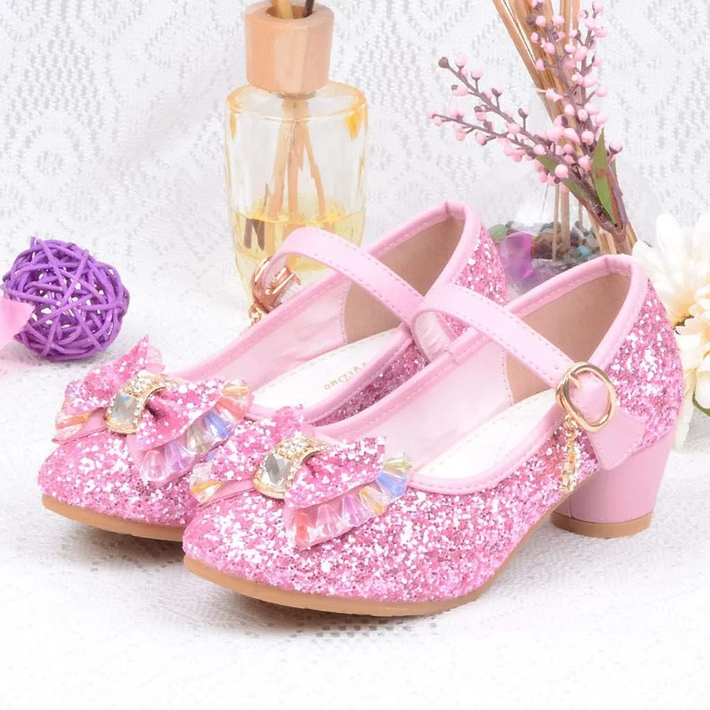 Baby Girl Sequin Bowknot Embellished Shoe Hook and Loop Splicing Metal Chain Sandal Thick Low Heel Princess Shoes