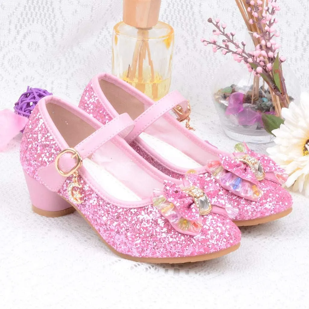 Baby Girl Sequin Bowknot Embellished Shoe Hook and Loop Splicing Metal Chain Sandal Thick Low Heel Princess Shoes