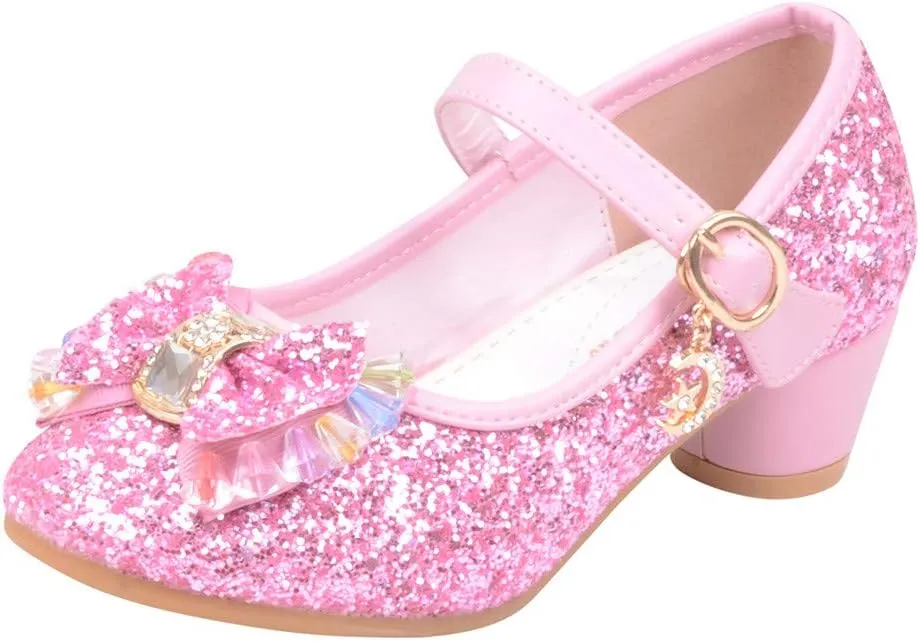 Baby Girl Sequin Bowknot Embellished Shoe Hook and Loop Splicing Metal Chain Sandal Thick Low Heel Princess Shoes