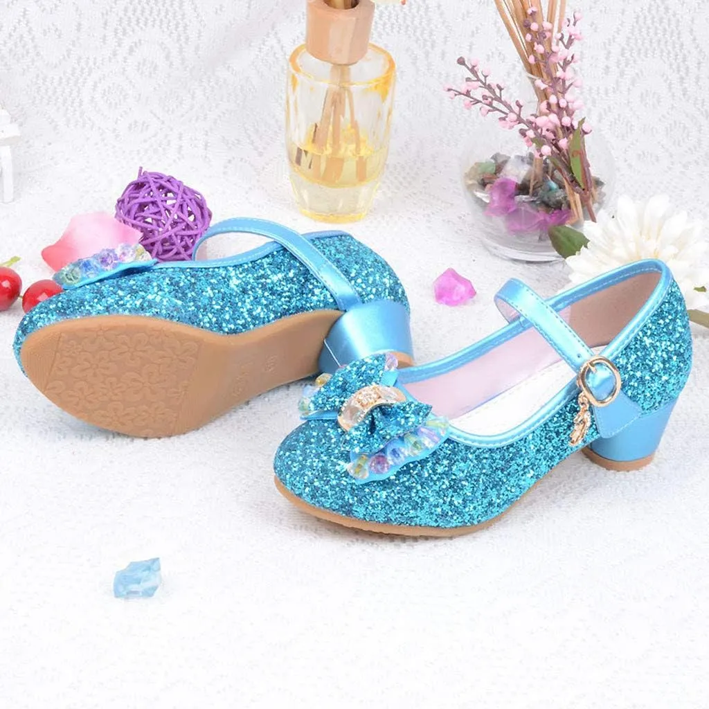Baby Girl Sequin Bowknot Embellished Shoe Hook and Loop Splicing Metal Chain Sandal Thick Low Heel Princess Shoes