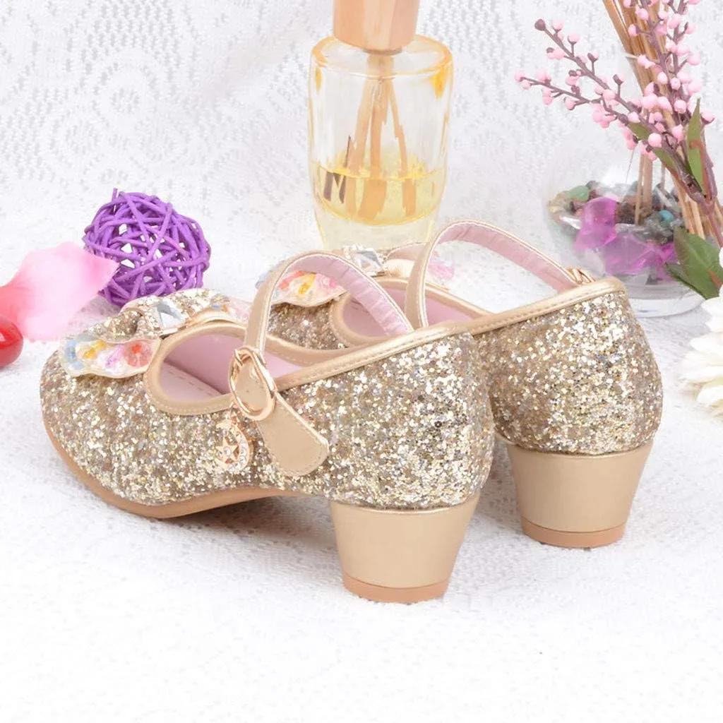 Baby Girl Sequin Bowknot Embellished Shoe Hook and Loop Splicing Metal Chain Sandal Thick Low Heel Princess Shoes
