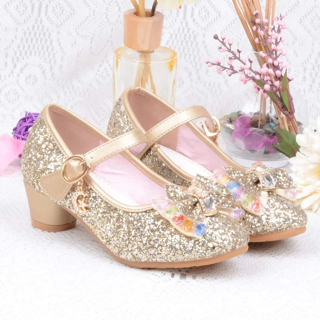 Baby Girl Sequin Bowknot Embellished Shoe Hook and Loop Splicing Metal Chain Sandal Thick Low Heel Princess Shoes