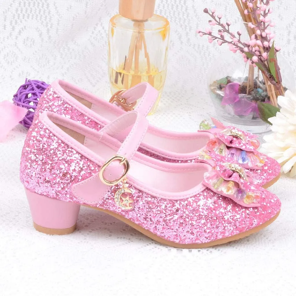 Baby Girl Sequin Bowknot Embellished Shoe Hook and Loop Splicing Metal Chain Sandal Thick Low Heel Princess Shoes