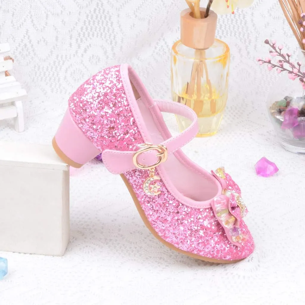 Baby Girl Sequin Bowknot Embellished Shoe Hook and Loop Splicing Metal Chain Sandal Thick Low Heel Princess Shoes