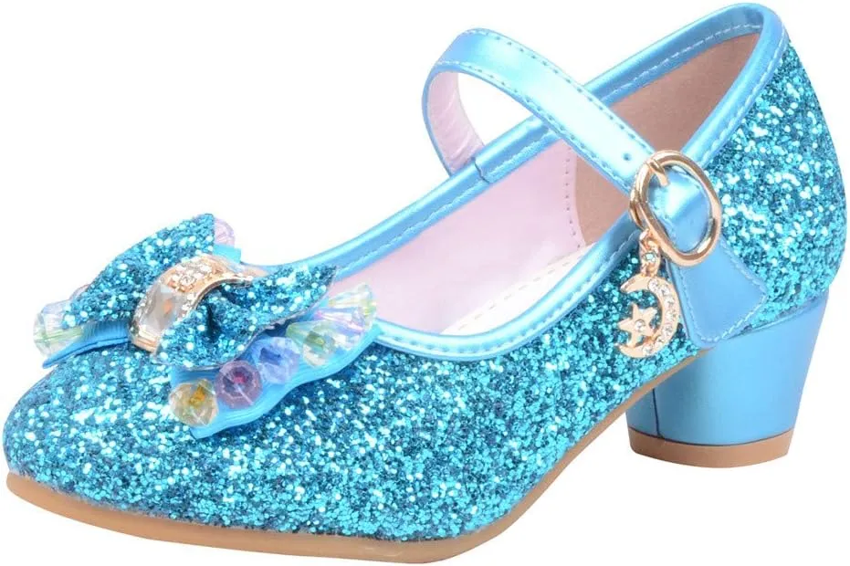 Baby Girl Sequin Bowknot Embellished Shoe Hook and Loop Splicing Metal Chain Sandal Thick Low Heel Princess Shoes