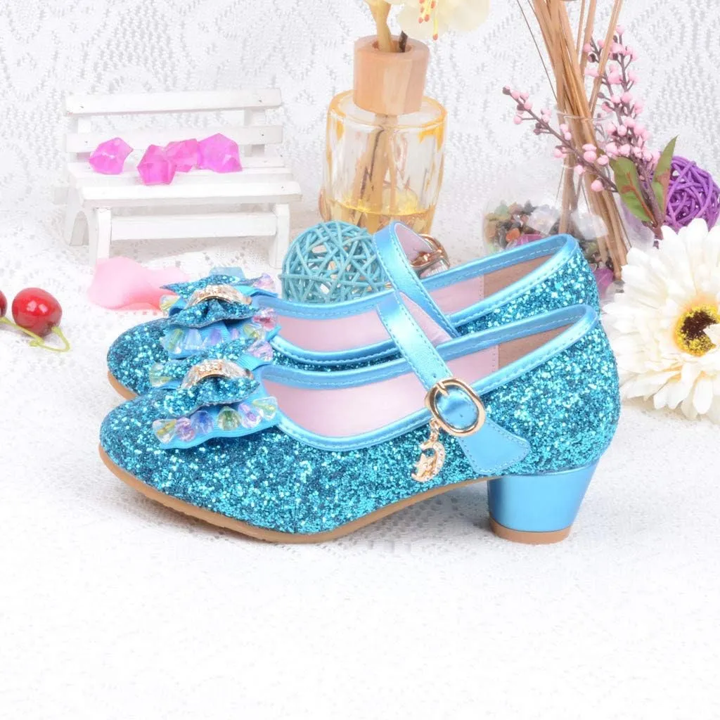 Baby Girl Sequin Bowknot Embellished Shoe Hook and Loop Splicing Metal Chain Sandal Thick Low Heel Princess Shoes