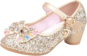 Baby Girl Sequin Bowknot Embellished Shoe Hook and Loop Splicing Metal Chain Sandal Thick Low Heel Princess Shoes