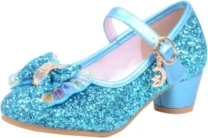 Baby Girl Sequin Bowknot Embellished Shoe Hook and Loop Splicing Metal Chain Sandal Thick Low Heel Princess Shoes