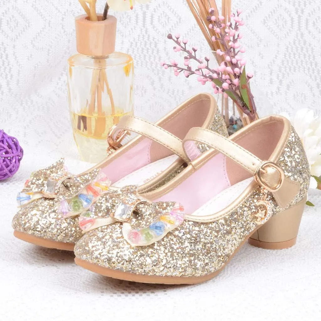 Baby Girl Sequin Bowknot Embellished Shoe Hook and Loop Splicing Metal Chain Sandal Thick Low Heel Princess Shoes