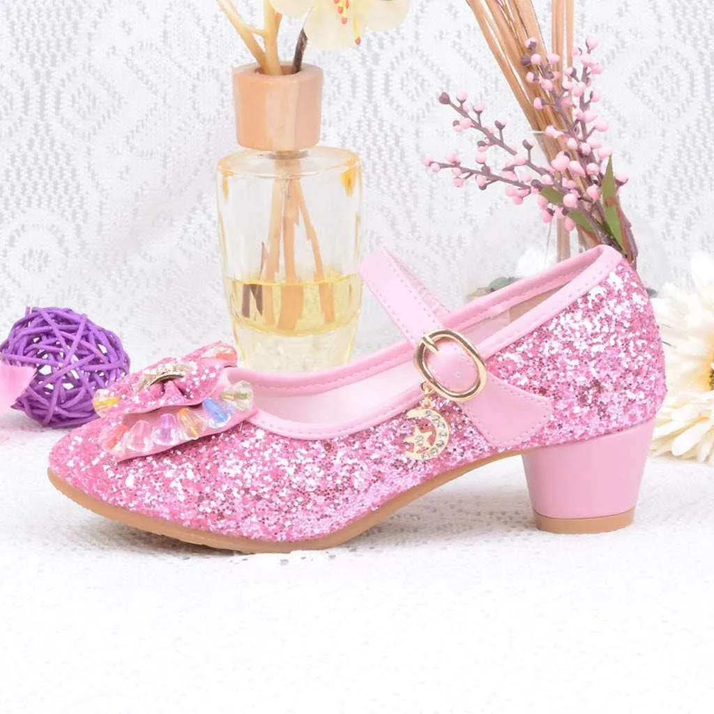 Baby Girl Sequin Bowknot Embellished Shoe Hook and Loop Splicing Metal Chain Sandal Thick Low Heel Princess Shoes