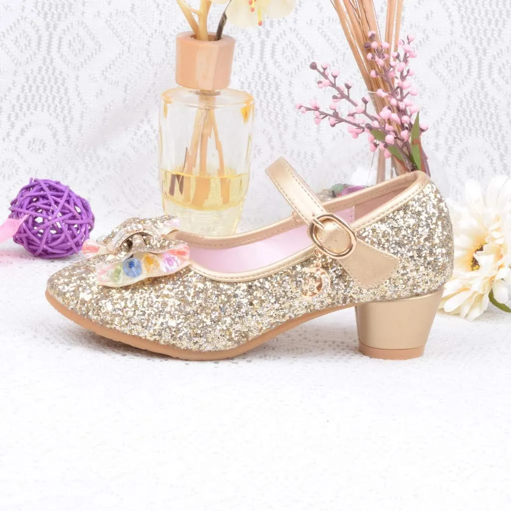 Baby Girl Sequin Bowknot Embellished Shoe Hook and Loop Splicing Metal Chain Sandal Thick Low Heel Princess Shoes