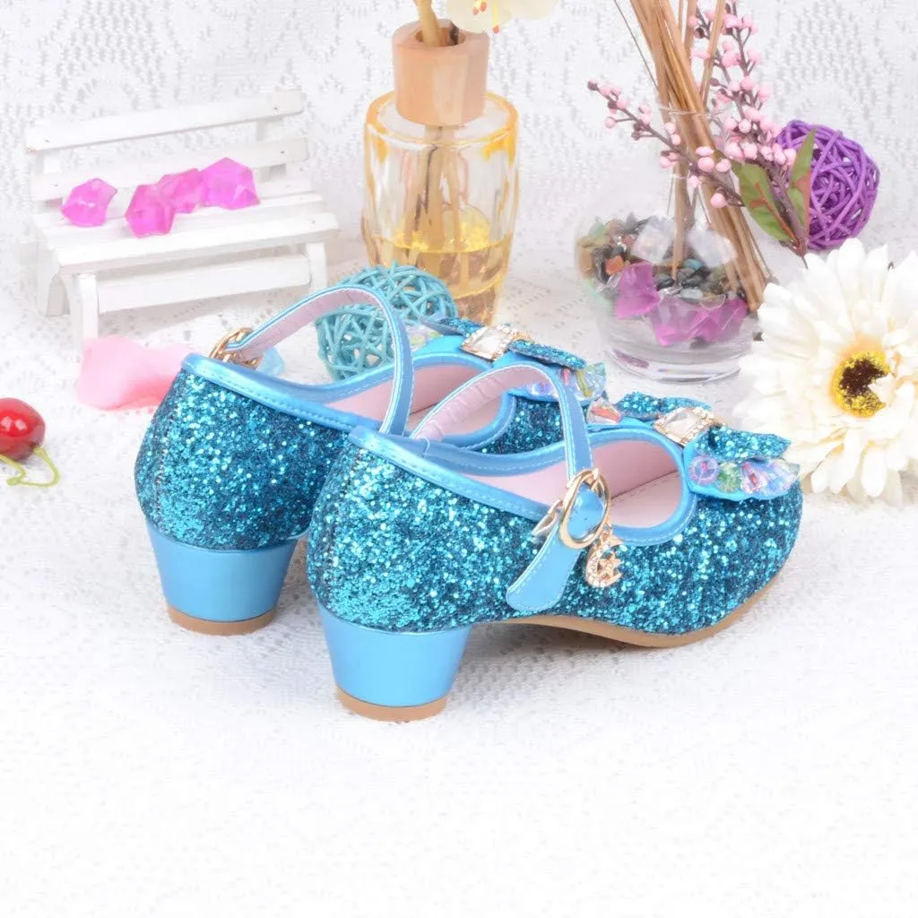 Baby Girl Sequin Bowknot Embellished Shoe Hook and Loop Splicing Metal Chain Sandal Thick Low Heel Princess Shoes