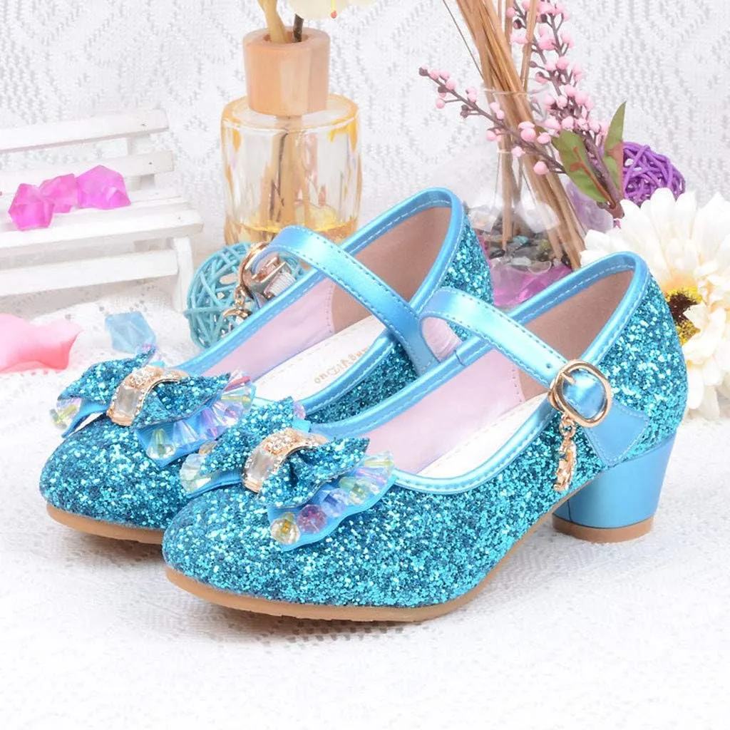 Baby Girl Sequin Bowknot Embellished Shoe Hook and Loop Splicing Metal Chain Sandal Thick Low Heel Princess Shoes