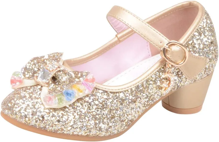 Baby Girl Sequin Bowknot Embellished Shoe Hook and Loop Splicing Metal Chain Sandal Thick Low Heel Princess Shoes
