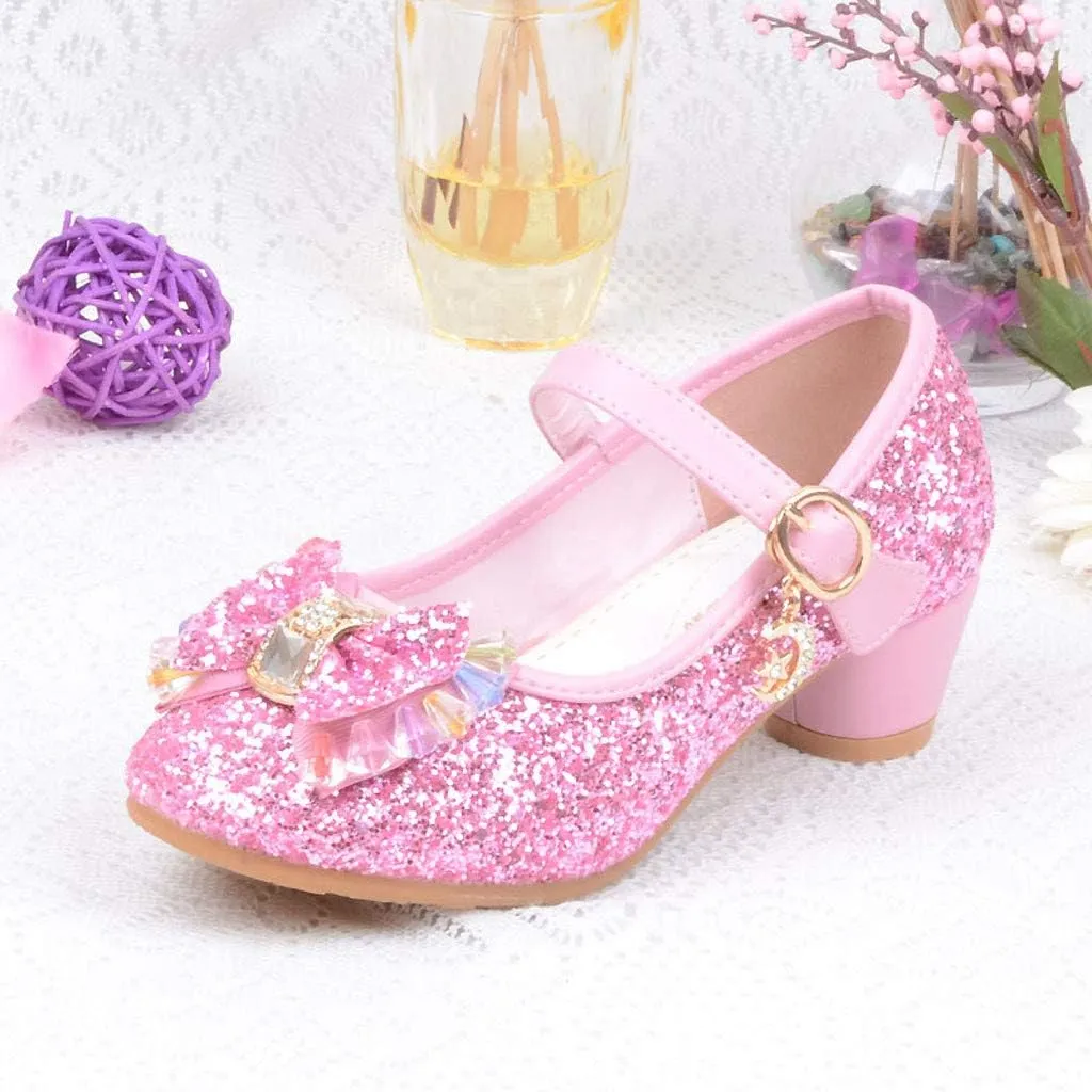 Baby Girl Sequin Bowknot Embellished Shoe Hook and Loop Splicing Metal Chain Sandal Thick Low Heel Princess Shoes