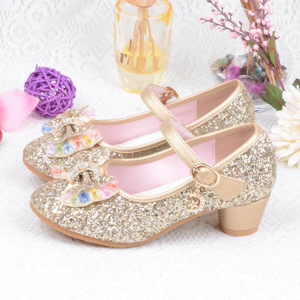 Baby Girl Sequin Bowknot Embellished Shoe Hook and Loop Splicing Metal Chain Sandal Thick Low Heel Princess Shoes