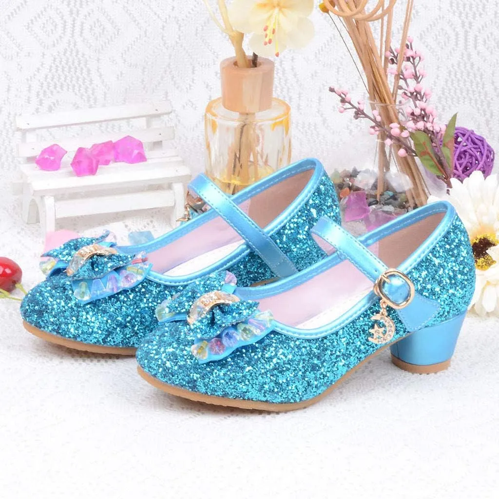 Baby Girl Sequin Bowknot Embellished Shoe Hook and Loop Splicing Metal Chain Sandal Thick Low Heel Princess Shoes