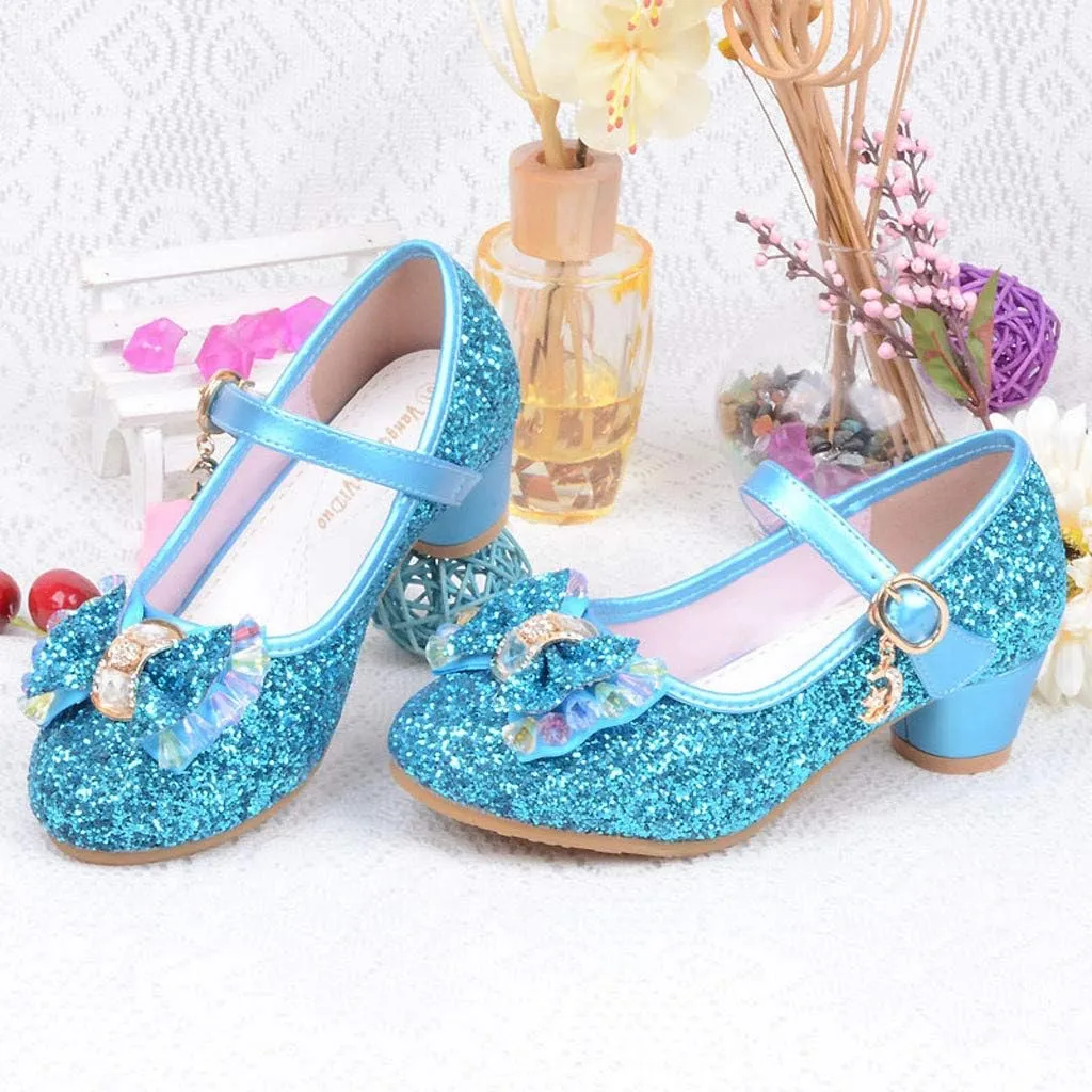 Baby Girl Sequin Bowknot Embellished Shoe Hook and Loop Splicing Metal Chain Sandal Thick Low Heel Princess Shoes