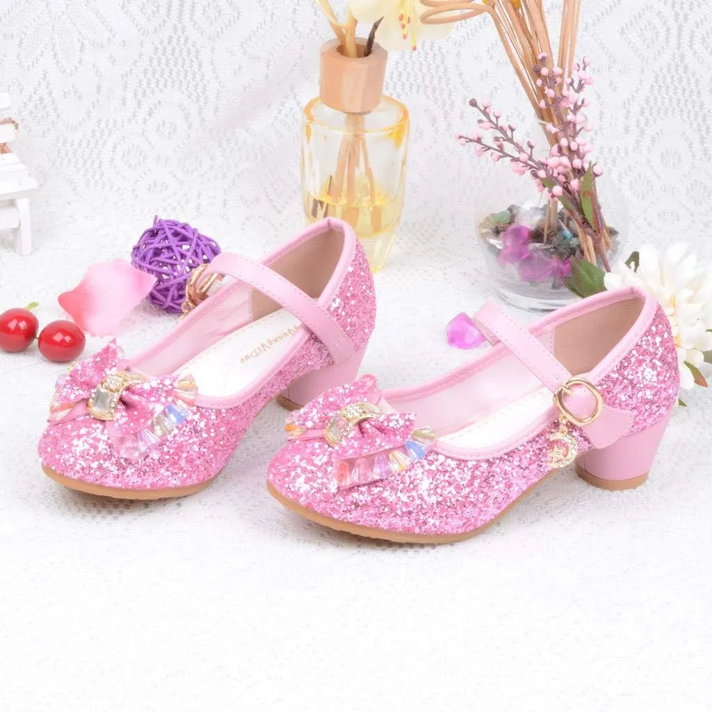 Baby Girl Sequin Bowknot Embellished Shoe Hook and Loop Splicing Metal Chain Sandal Thick Low Heel Princess Shoes