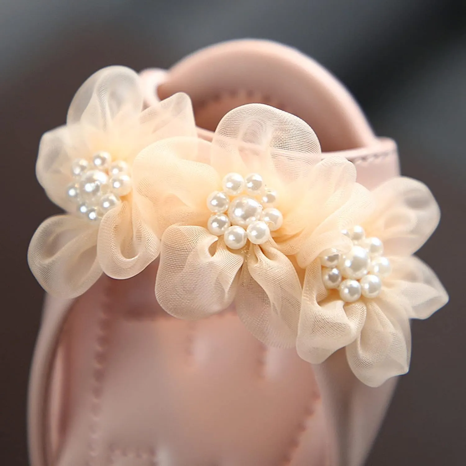 Baby Girl Soft Sole Princess Shoe Splicing Floral Mesh and Rhinestone Hook Loop Faux PU Flats Fish Mouth Shoes