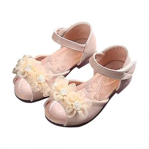Baby Girl Soft Sole Princess Shoe Splicing Floral Mesh and Rhinestone Hook Loop Faux PU Flats Fish Mouth Shoes