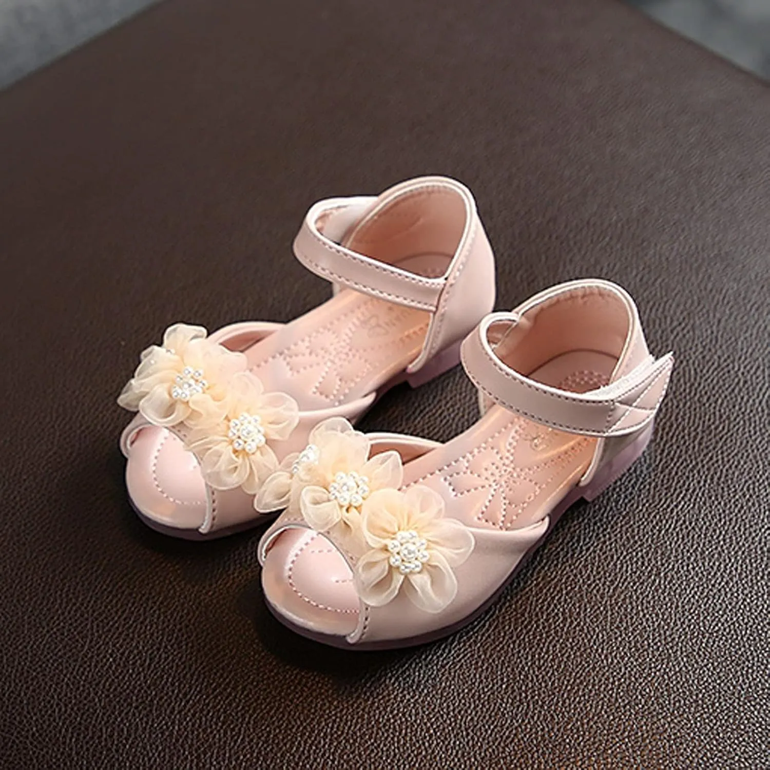 Baby Girl Soft Sole Princess Shoe Splicing Floral Mesh and Rhinestone Hook Loop Faux PU Flats Fish Mouth Shoes