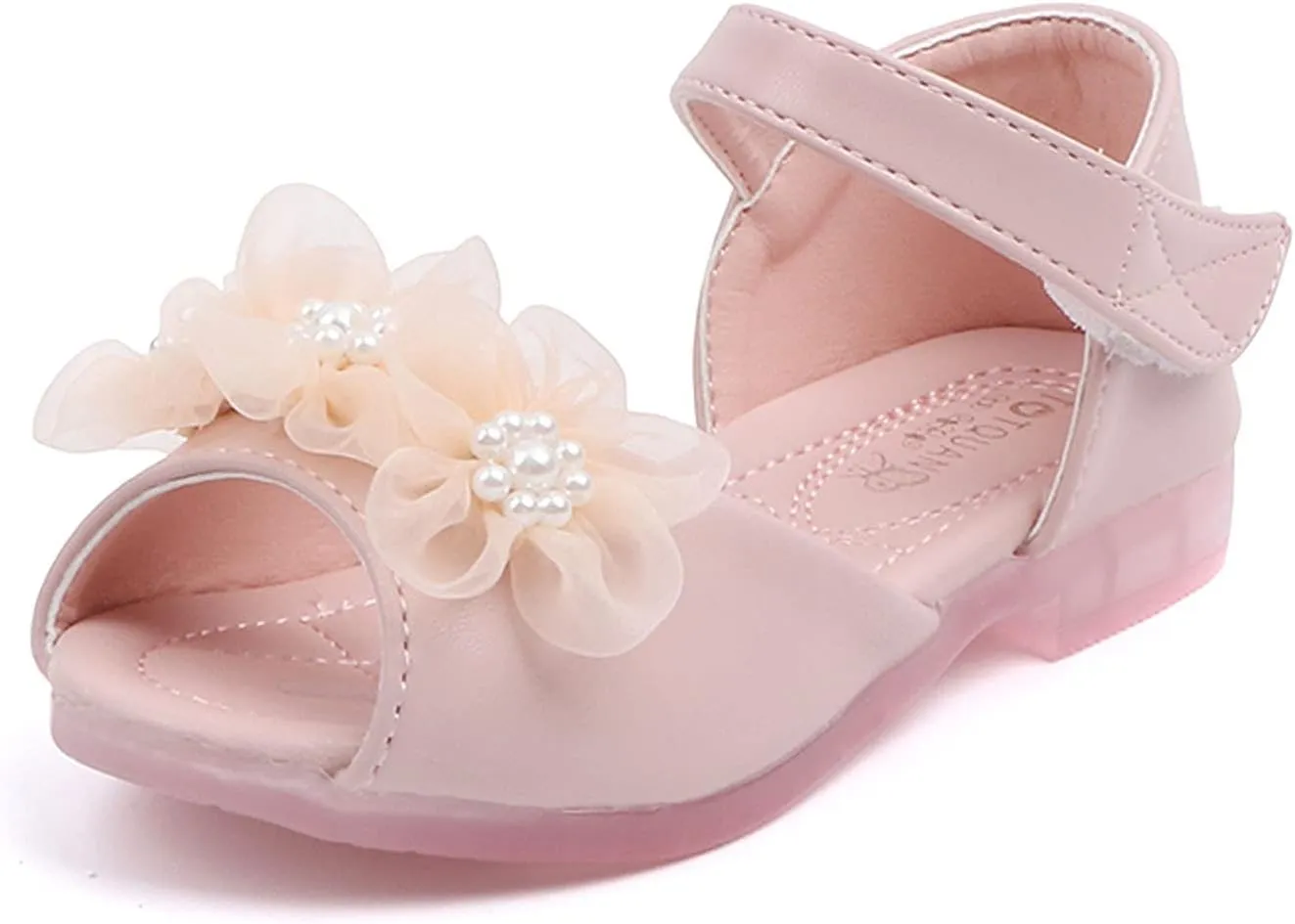 Baby Girl Soft Sole Princess Shoe Splicing Floral Mesh and Rhinestone Hook Loop Faux PU Flats Fish Mouth Shoes