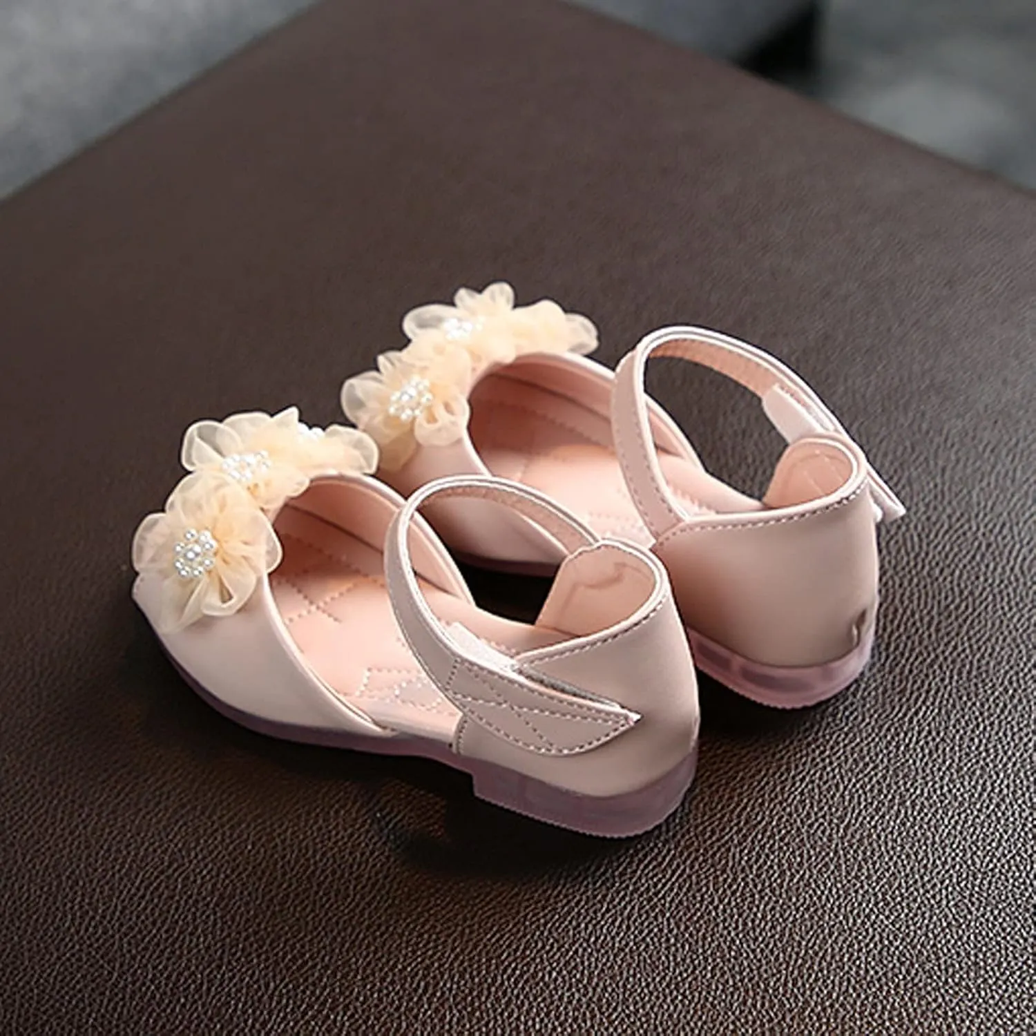 Baby Girl Soft Sole Princess Shoe Splicing Floral Mesh and Rhinestone Hook Loop Faux PU Flats Fish Mouth Shoes