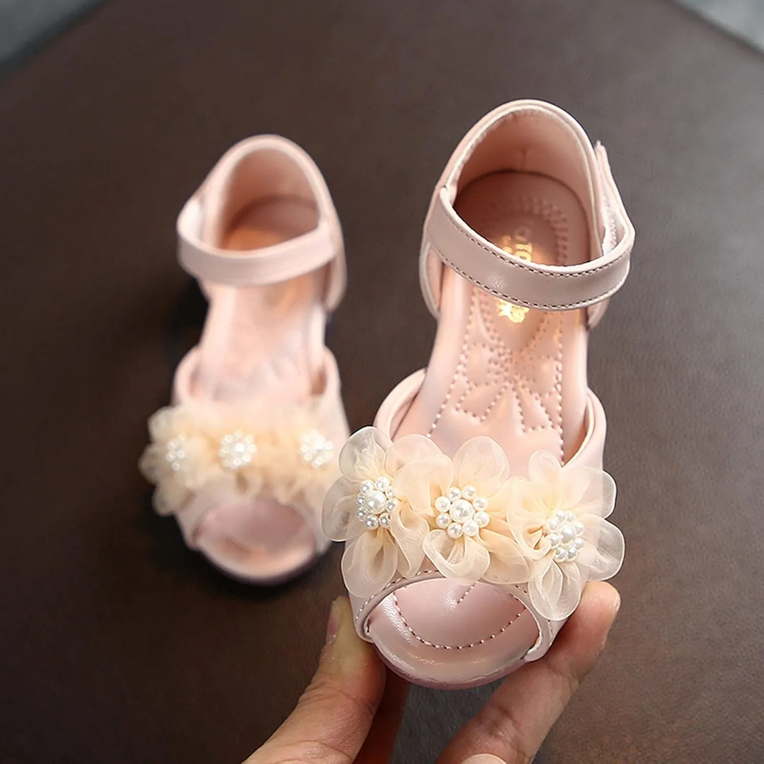 Baby Girl Soft Sole Princess Shoe Splicing Floral Mesh and Rhinestone Hook Loop Faux PU Flats Fish Mouth Shoes