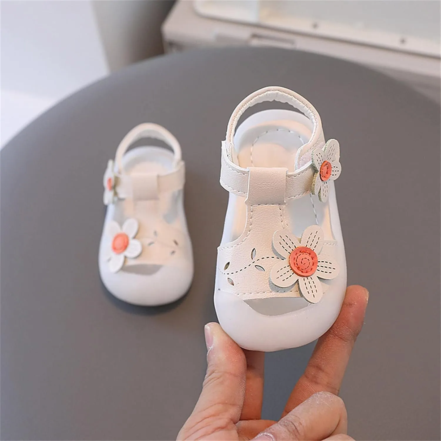Baby Girls Closed Toe Sandals with Flower Infant Summer Lightweight Rubber Soft Sole Non-Slip Platform Casual Shoes
