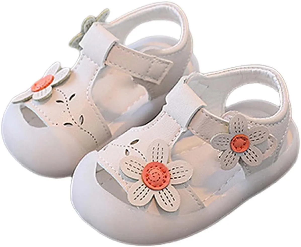 Baby Girls Closed Toe Sandals with Flower Infant Summer Lightweight Rubber Soft Sole Non-Slip Platform Casual Shoes