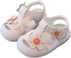 Baby Girls Closed Toe Sandals with Flower Infant Summer Lightweight Rubber Soft Sole Non-Slip Platform Casual Shoes