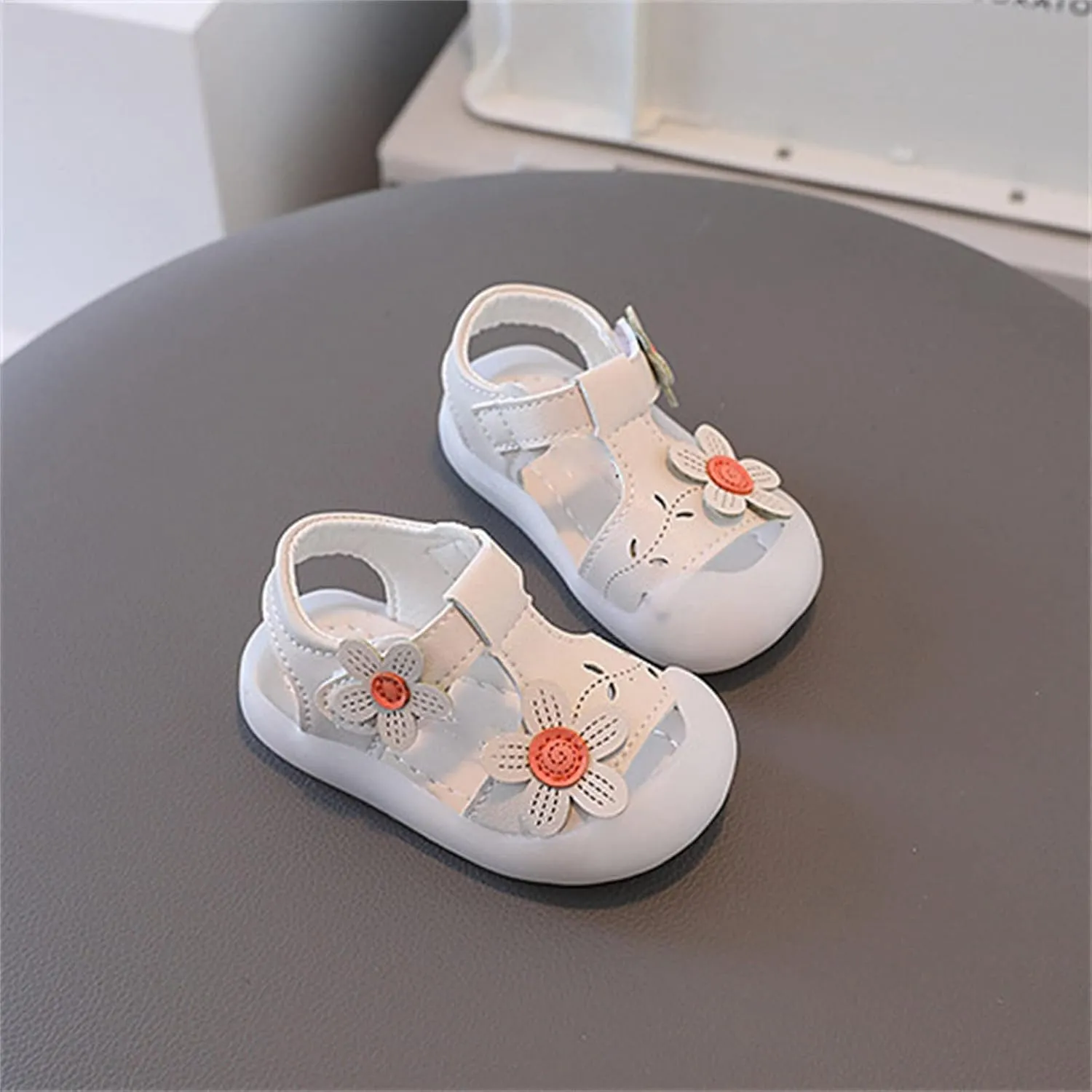 Baby Girls Closed Toe Sandals with Flower Infant Summer Lightweight Rubber Soft Sole Non-Slip Platform Casual Shoes