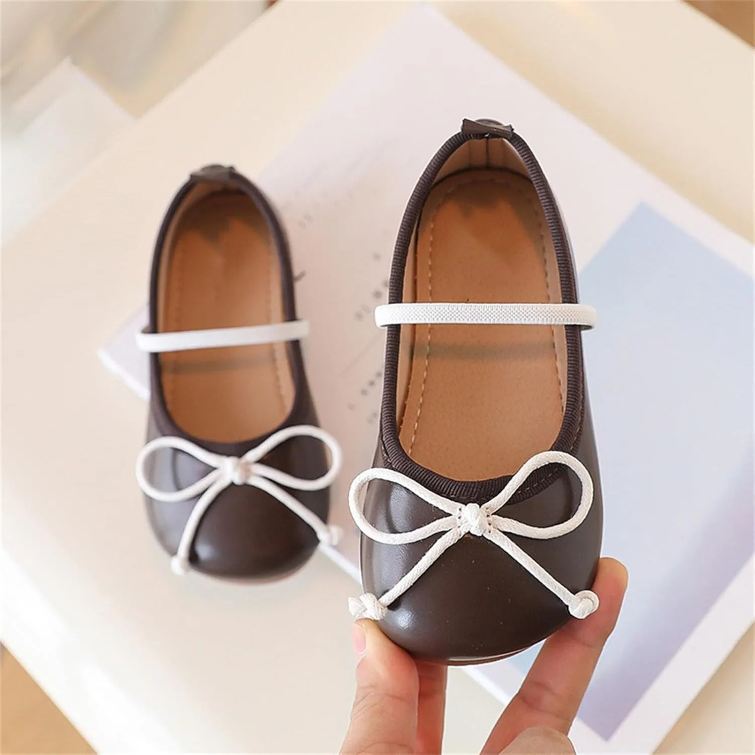 Baby Girls Mary Jane Flat with Bownot Non Slip Soft Sole PU Leather Infant Toddler Glittery Dress Shoes with Wheels