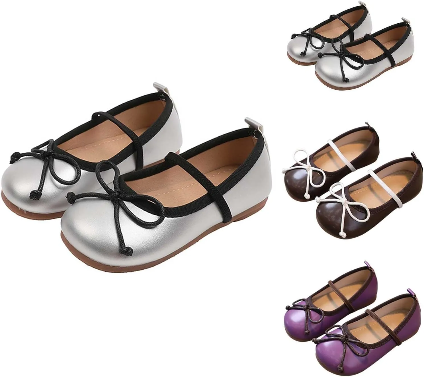 Baby Girls Mary Jane Flat with Bownot Non Slip Soft Sole PU Leather Infant Toddler Glittery Dress Shoes with Wheels