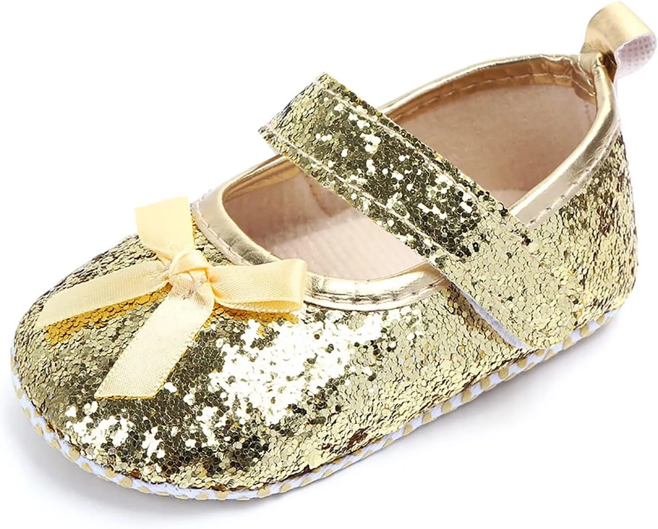 Baby Girls Shoes Mary Janes Soft Flats Bowknot Rubber Sole First Walkers Princess Dress Shoes Holiday for Kids (Yellow-06#F, 6-9Months)