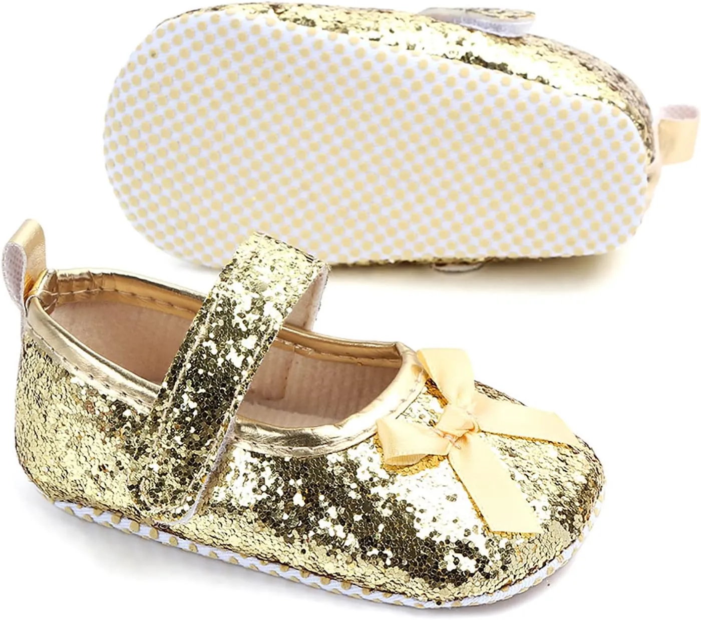 Baby Girls Shoes Mary Janes Soft Flats Bowknot Rubber Sole First Walkers Princess Dress Shoes Holiday for Kids (Yellow-06#F, 6-9Months)