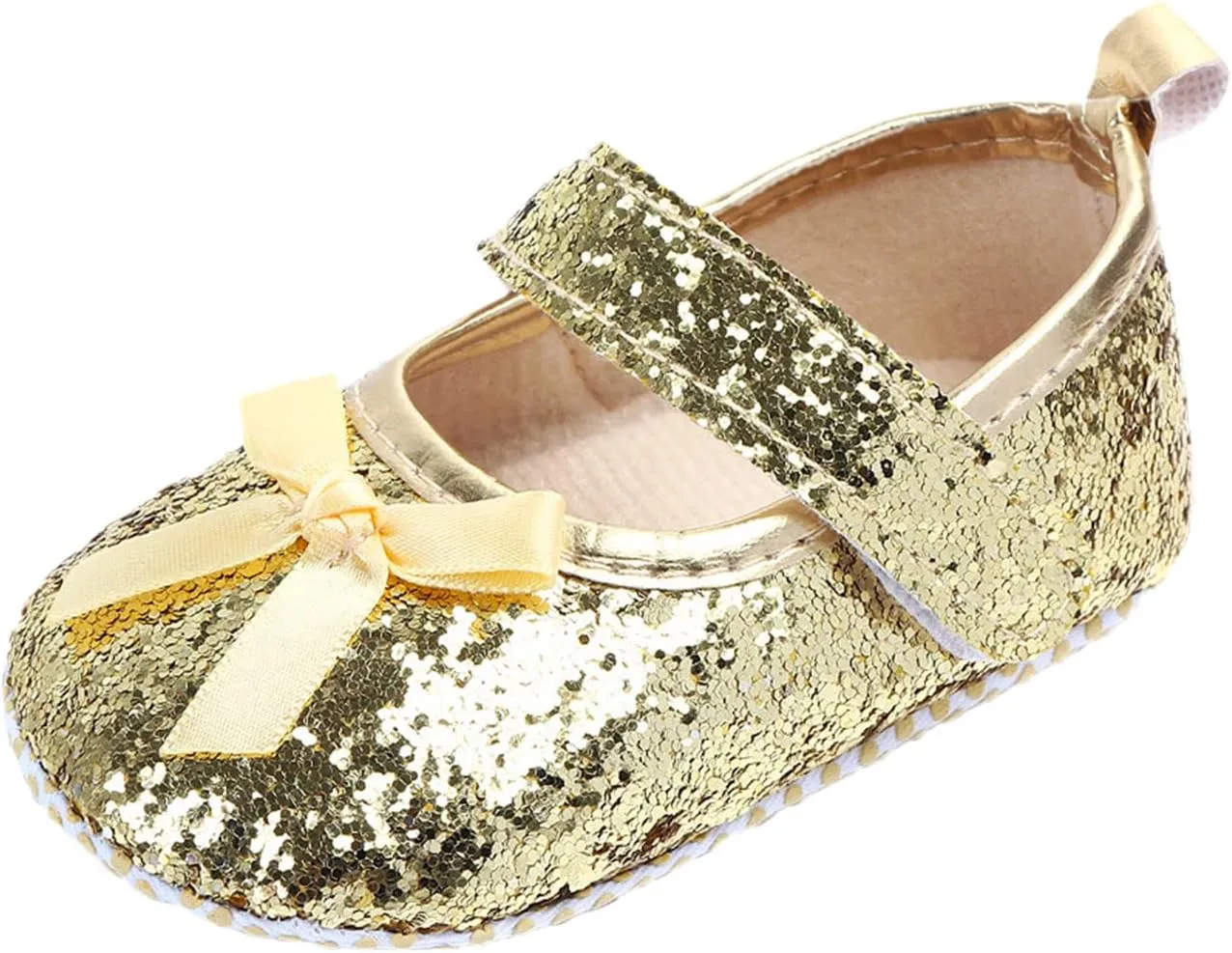 Baby Girls Shoes Mary Janes Soft Flats Bowknot Rubber Sole First Walkers Princess Dress Shoes Holiday for Kids (Yellow-06#F, 6-9Months)