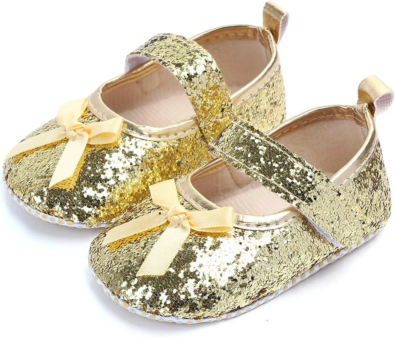 Baby Girls Shoes Mary Janes Soft Flats Bowknot Rubber Sole First Walkers Princess Dress Shoes Holiday for Kids (Yellow-06#F, 6-9Months)