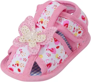 Baby Infant Girls Canvas Sandals Flower Cute Bow Lace Glitter Sandals Newborn Closed Strap Flat Wide Shoes Summer Basic