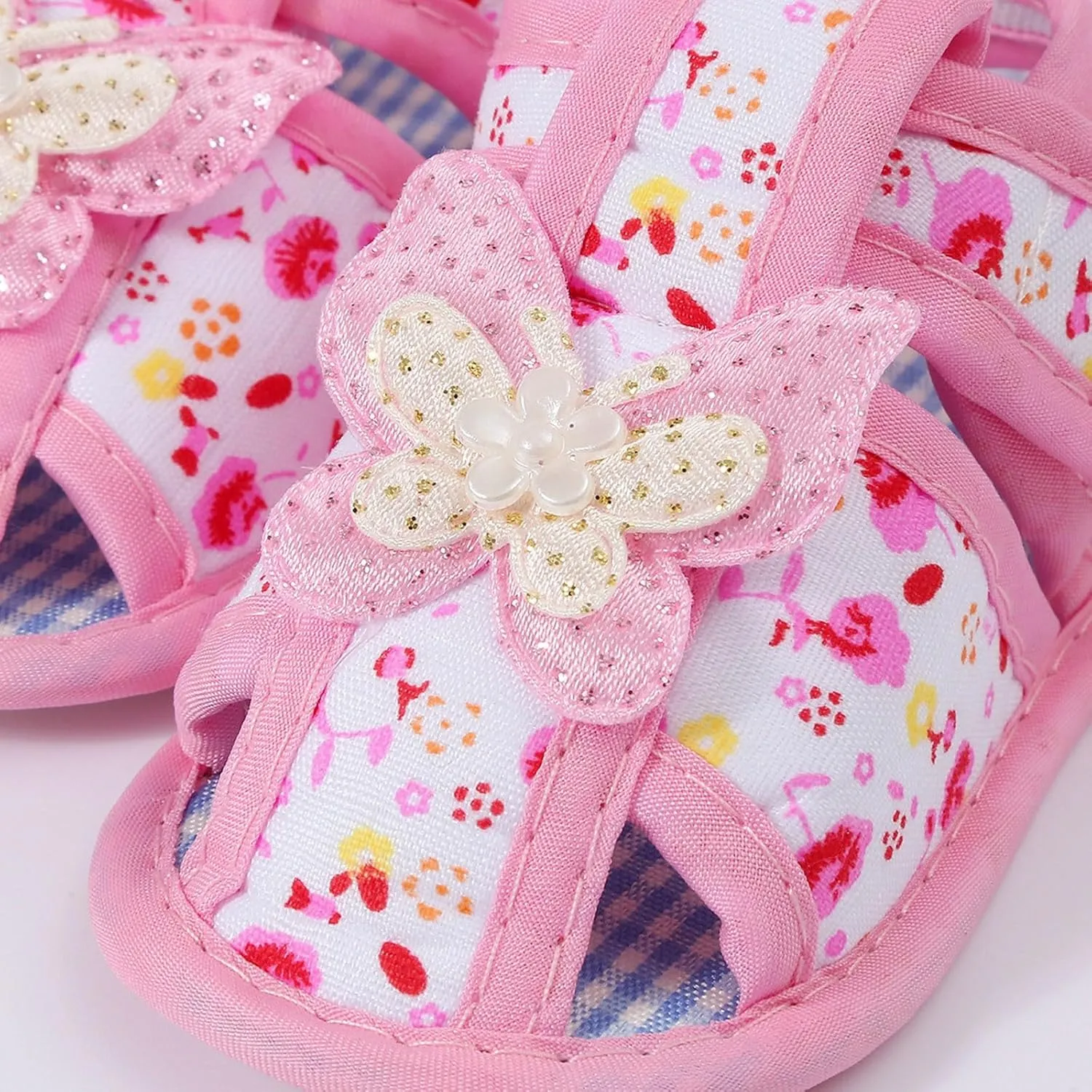 Baby Infant Girls Canvas Sandals Flower Cute Bow Lace Glitter Sandals Newborn Closed Strap Flat Wide Shoes Summer Basic