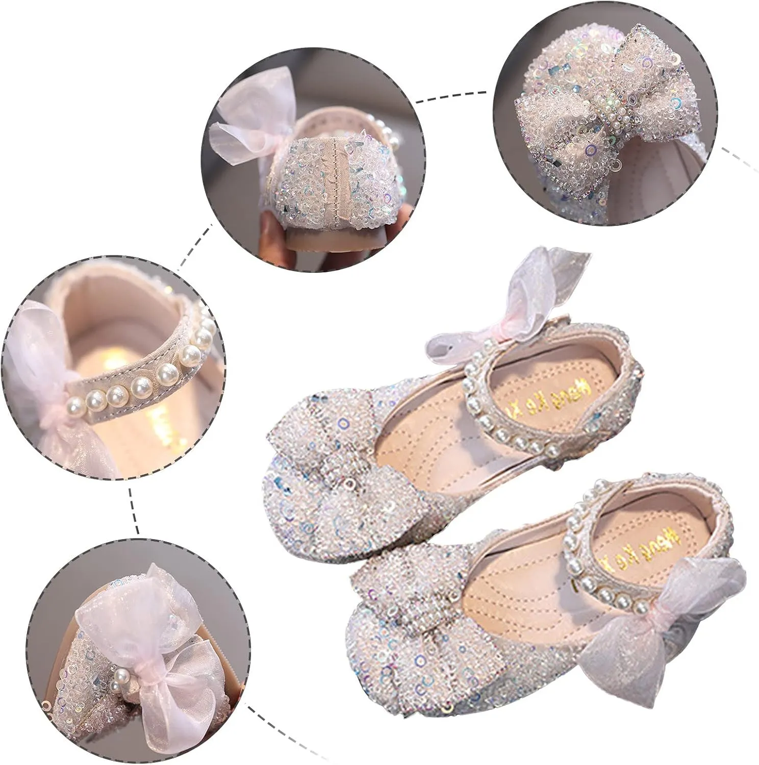 Baby Infant Pearl Sequins Sandals Toddler Newborn Girls Wedding Birthday High Heel Bow Cap Toe Shoes Comfy Cute Sandals