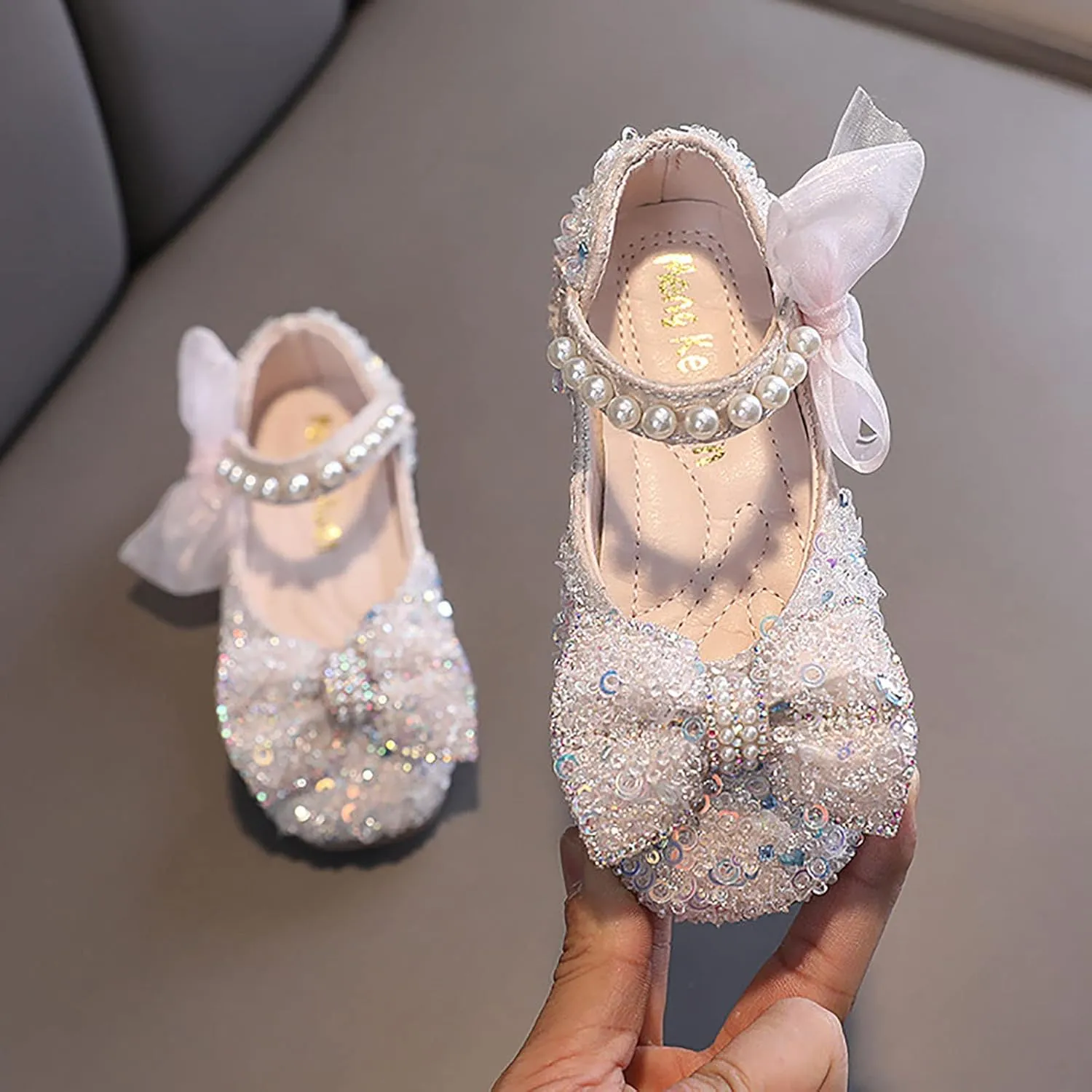 Baby Infant Pearl Sequins Sandals Toddler Newborn Girls Wedding Birthday High Heel Bow Cap Toe Shoes Comfy Cute Sandals
