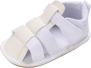 Baby Infant Shoes Boy Girl Sandals Hook Loop Crib Shoes Soft Sole Breathable Flat Shoes Comfortable (White, 5 Infant)