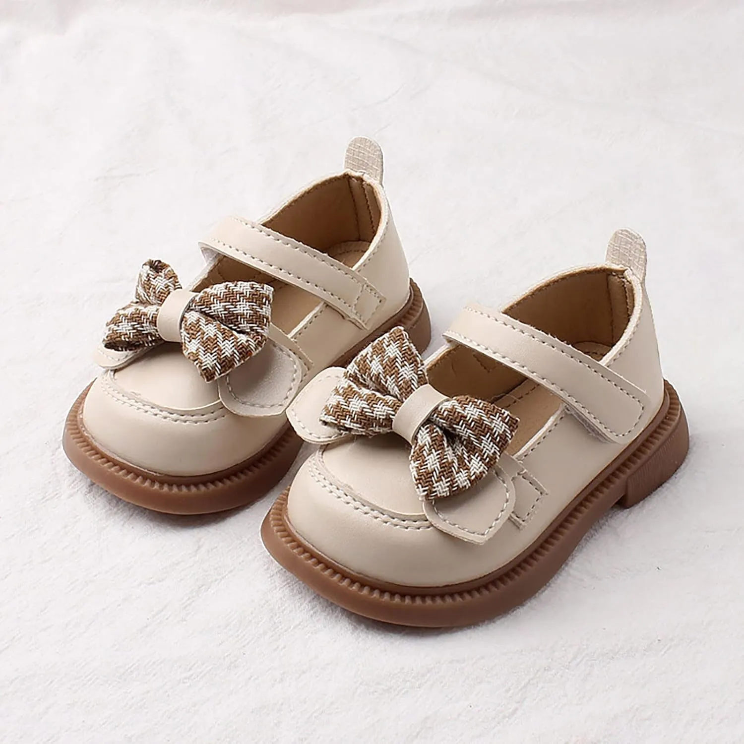 Baby Mary Jane Chunky Flat Infant Platform Slip On Heel Leather Flat Round Toe School Uniform Dress Shoes with Bow